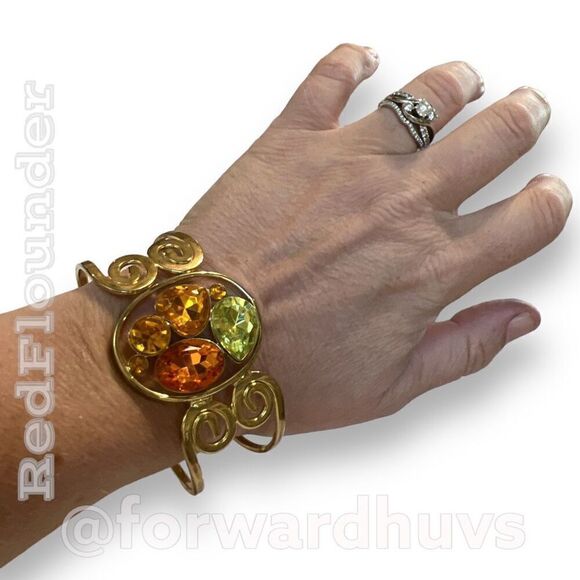 Gold Tone Hinge Bracelet with Orange & Green Rhinestones - Medium-Large Wrist - Picture 4 of 7